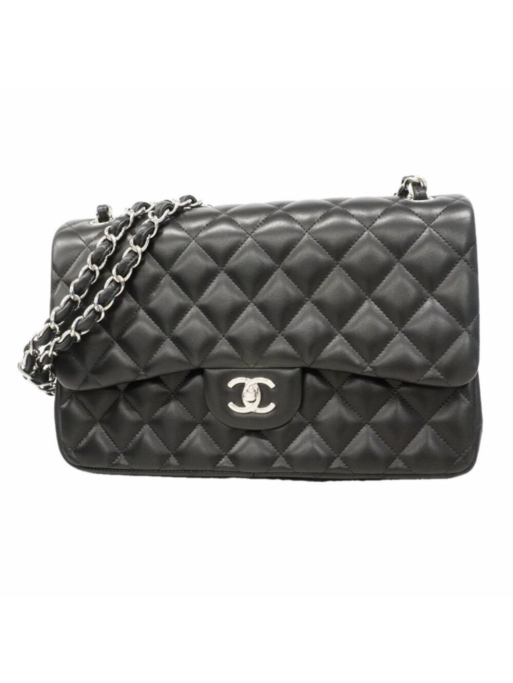 Chanel Shoulder Bag Maxi Quilted Lambskin Black Silver